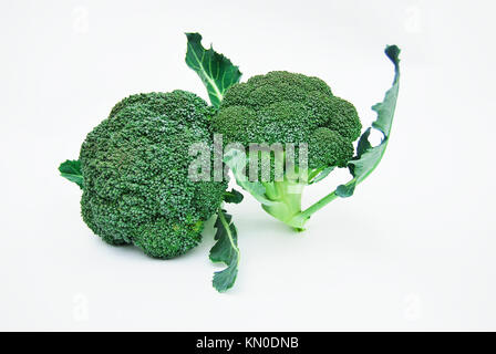 Zwei frische Blütenstände von Brokkoli auf weißem Hintergrund Stockfoto