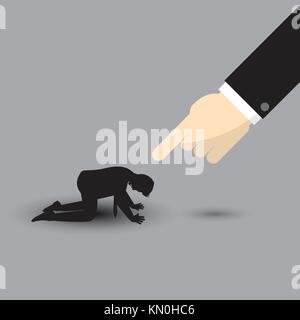 Vector Illustration Business Konzept als großen Arm auf Silhouette kniend Geschäftsmann. Er ist schwer kritisiert, getadelt, beschuldigt. Stock Vektor