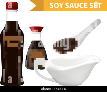 Sojasauce mit Flasche, weiß Keramik Löffel, sauceboat. 3d-realistischen Stil. asiatische Küche. auf weißem Hintergrund. Mock-up für Ihr Produkt Design. Vector Illustration. Stock Vektor