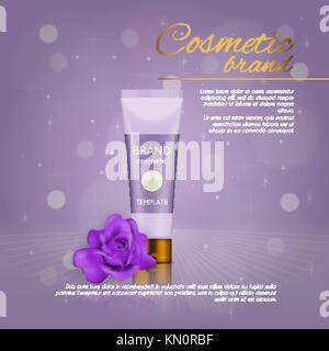 Vector3d kosmetische Abbildung mit Rose und bokeh Hintergrund. Schönheit realistische kosmetische Produkt Design Template Stock Vektor