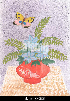 Aquarell wilden Blumen in Vase mit Schmetterlingen Stockfoto