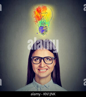 Porträt einer Frau mit Brille und kreative Idee bis auf bunte Glühbirne auf grauem Hintergrund. Inspiration Konzept Stockfoto