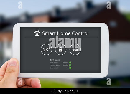 Intelligenz-home Control-Technologie. Remote-Automatisierung-System auf mobilen Gerät. Eco und Sicherheitslösung Stockfoto