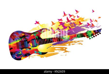 Bunte Musik Hintergrund Banner mit elektro-akustischen Gitarre und Vögel. Vector Illustration Stock Vektor