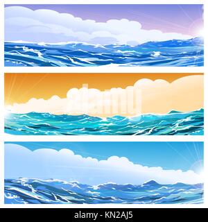 Horizontale Banner mit Wellen im Meer und Himmel. Vector Illustration Stock Vektor