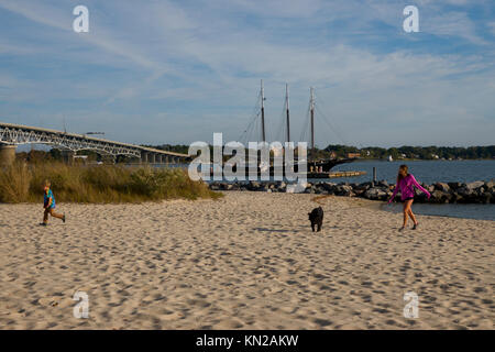 USA Virginia VA Yorktown Strand an der York Fluß Mutter Sohn und Hund spielen im Sand Stockfoto