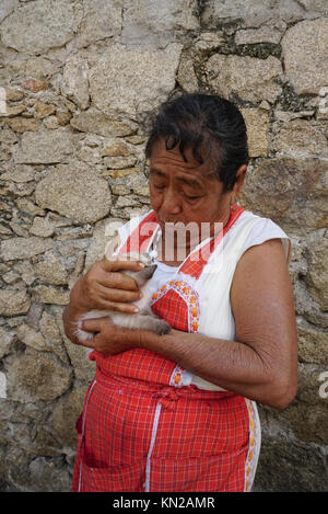 Mexikanische Frau findet verlorene Kätzchen, Acapulco, Mexiko Stockfoto