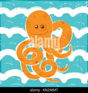 Orange Octopus in einem blauen Wellen, Vector Illustration mit Pinsel lackiert Stock Vektor