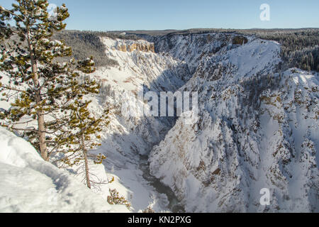 Der Schnee der Grand Canyon im Yellowstone und die Lower Falls Wasserfall von Grand View im Winter Januar 13, 2017 in Wyoming. (Foto von Jacob w. Frank über planetpix) Stockfoto