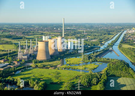 Lippe und Lippeauen westlich von Gersteinwerk, A1, Gersteinwerk, Inogy, RWE Power, Kohlekraftwerk in Werne-Stockum am Stadtrand von Hamm, Stockfoto