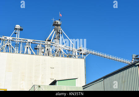 Die Cargill Inc. Körnerelevator in Ferndale, Washington mit einem Kreuz und US-Flagge an der Spitze. Stockfoto