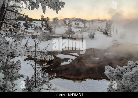 Die Sonne über dem Promenaden an der Mammoth Hot Springs im Winter im Yellowstone National Park Januar 5, 2017 in Wyoming. (Foto von Jacob W. Frank über Planetpix) Stockfoto
