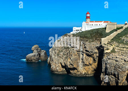 Leuchtturm am Kap St. Vincent, Cabo de São Vicente, Sagres, Algarve, Portugal Stockfoto