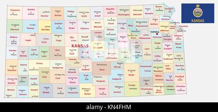 Kansas administrative und politische Vektorkarte mit Fahne Stock Vektor