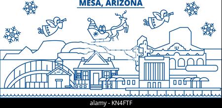 Usa, Arizona, Mesa winter City Skyline. frohe Weihnachten und ein glückliches neues Jahr eingerichteten Banner. winter Grußkarte mit Schnee und Santa Claus. Flach, Linie Vektor. Lineare weihnachten Abbildung Stock Vektor