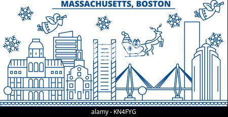 Usa, Massachusetts, Boston winter City Skyline. frohe Weihnachten und ein glückliches neues Jahr eingerichteten Banner. winter Grußkarte mit Schnee und Santa Claus. Flach, Linie Vektor. Lineare weihnachten Abbildung Stock Vektor