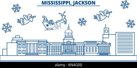 Usa, Mississippi, Jackson winter City Skyline. frohe Weihnachten und ein glückliches neues Jahr eingerichteten Banner. winter Grußkarte mit Schnee und Santa Claus. Flach, Linie Vektor. Lineare weihnachten Abbildung Stock Vektor