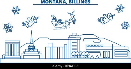 Usa, Montana, billings Winter City Skyline. frohe Weihnachten und ein glückliches neues Jahr eingerichteten Banner. winter Grußkarte mit Schnee und Santa Claus. Flach, Linie Vektor. Lineare weihnachten Abbildung Stock Vektor