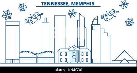 Usa, Tennessee, Memphis winter City Skyline. frohe Weihnachten und ein glückliches neues Jahr eingerichteten Banner. winter Grußkarte mit Schnee und Santa Claus. Flach, Linie Vektor. Lineare weihnachten Abbildung Stock Vektor