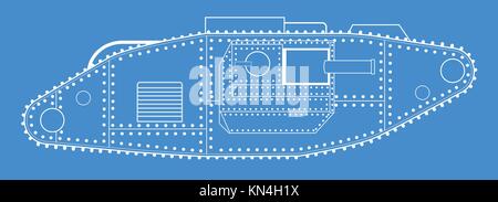 Eine frühe Erste Welt Krieg tank Blau drucken Zeichnung über einen weißen Hintergrund Stock Vektor