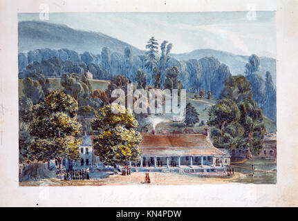 Eine Darstellung des Speisesaals und der Bühnenbüros von White Sulphur Springs, die architektonische Merkmale des 19. Jahrhunderts, Inneneinrichtung, Möbel und räumliche Anordnung veranschaulicht. Stockfoto