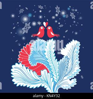 Weihnachtskarte mit Enamored Vögel auf einem blauen Hintergrund mit Schneeflocken Stock Vektor