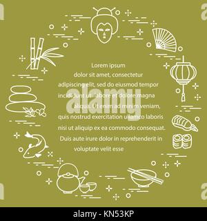 Japanische Frau Gesicht und Laterne, Schüssel, Stäbchen, Sushi und andere Symbole der östlichen Kultur. Design für Banner, Poster oder Drucken. Stock Vektor