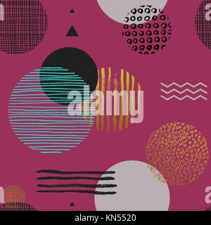 Moderne, einfache nahtlose Muster mit geometrischen Figuren und Linien in verschiedenen Farben und Texturen auf rosa Hintergrund. Trendy abstrakten Hintergrund. Vector Illustration in Memphis style für Textildruck. Stock Vektor