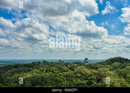 Schöne Landschaft, Tempel im grünen Wald unter blauem Himmel verloren mit flauschigen weissen Wolken Stockfoto