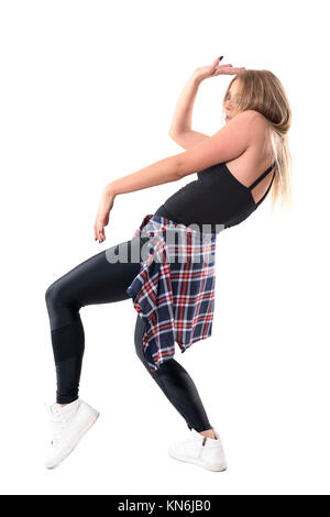 Bewegung der leidenschaftliche junge energische Frau Tanz jazz dance workout Aerobic gestoppt. Voller Körper Länge Porträt auf weißem Hintergrund. Stockfoto