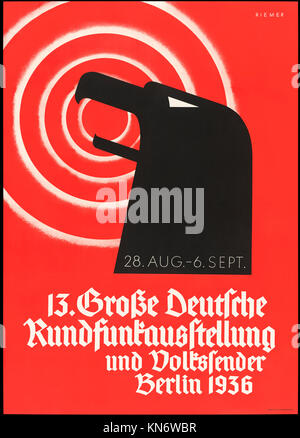 "13 Grosse deutsche und Volkssender Rundfunkausstellung Berlin 1936" (dem 13. Deutschen Funkausstellung und Menschen des Senders, Berlin 1936, 28. August - 6. September) Nazi-Deutschland Plakat zur Ausstellung mit dem Leiter der Reichsadler (Imperial Eagle) mit Funkwellen, die von seinem offenen Mund. Reich Propaganda für die Direktion der Nationalsozialistischen Deutschen Arbeiterpartei" erstellt. Weitere Informationen finden Sie unten. Stockfoto