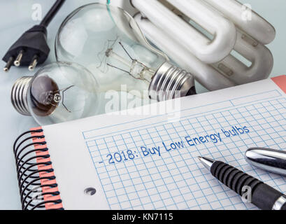 Taschenrechner und Geld neben einer Glühbirne, schreiben in der Agenda 2018 die Glühlampen der niedrige Verbrauch kaufen, das Konzept der Energieeinsparung Stockfoto