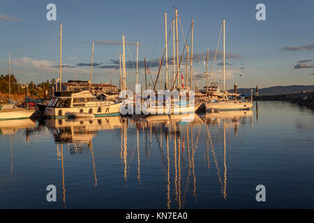 Auf einem ruhigen Sommerabend, die Sonne leuchtet Vergnügen Yachten und deren Reflexionen an der Westview Marina in Powell River, British Columbia. Stockfoto