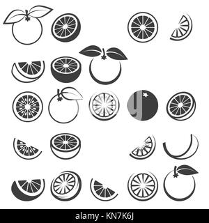 Orange Symbole. leckere frische Vector schwarz Orangen Früchte auf weißem Hintergrund, Zitrusfrüchte Keil-, Halb- und Schichten silhouette eingestellt Stock Vektor