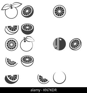 Orange Symbole. leckere frische Vector schwarz Orangen Früchte auf weißem Hintergrund, Zitrusfrüchte Keil-, Halb- und Schichten silhouette eingestellt Stock Vektor