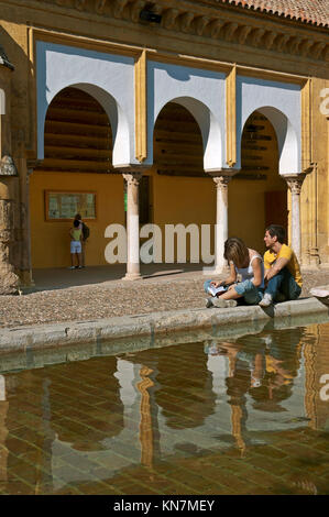 Große Moschee, Patio de Los Naranjos - Touristen durch den Teich, Cordoba, Andalusien, Spanien, Europa Stockfoto