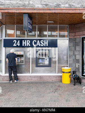 Junge erwachsene Mann Geld abheben von 24 Stunden Geldautomaten ATM und gefesselt Hund in der Nähe warten, Schottland, UK Model Release: Nein Property Release: Nein. Stockfoto