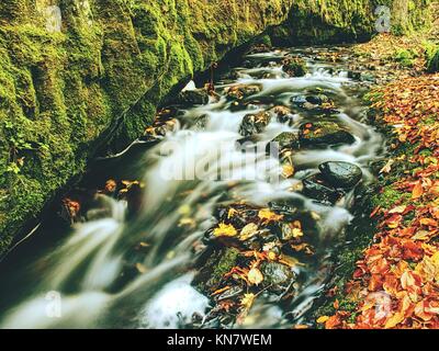 Wehr in Bergbach. Bunte Blätter auf Steinen im kalten, dunklen Wasser. Shinning Blasen erzeugen helle Spuren auf Wasser. Dunkelgrün bemooste Boulder Stockfoto