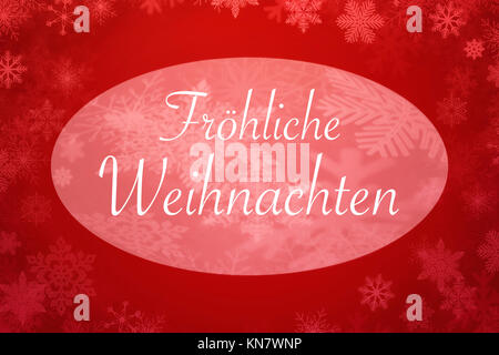 Frohe Weihnachten in deutschen auf rotem Hintergrund mit weißen Schneeflocken geschrieben Stockfoto