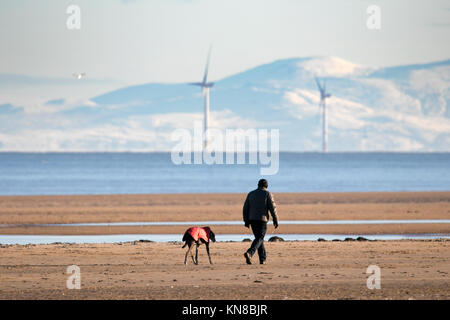 Southport, Merseyside. 11. Dezember 2017. UK Wetter. Sonnig in Southport. Hund Spaziergänger trotzen dem eisigen Temperaturen auf Ihre geliebten Haustiere nehmen für einen auf dem gefrorenen Sand Strand in Southport, Merseyside schlendern. Clear Skies erstellt einige einen atemberaubenden Blick über die schneebedeckten Berge von North Wales im Westen und den Cumbrian Fells im Norden. Credit: cernan Elias/Alamy leben Nachrichten Stockfoto