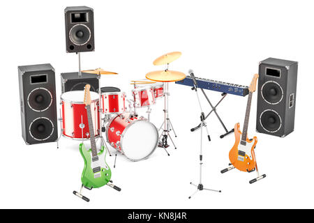 Satz von verschiedenen Musikinstrumenten und Geräten, 3D-Rendering Stockfoto