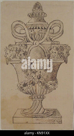 Ein Design mit detaillierten Skizzen einer Urne auf dem Recto und zusätzlichen Skizzen auf der Rückseite, die den konzeptionellen Ansatz der dekorativen Kunst demonstrieren. Stockfoto