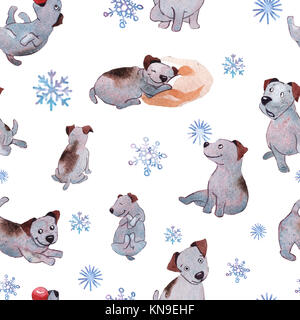 Weihnachten Welpe Hund spielt mit Ball Hand zeichnen Aquarell nahtlose Muster Stockfoto