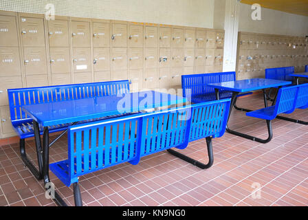 Reihe der Studie Bänke mit Mahlzeit Schließfächer in den Hintergrund. Für Studium und Ausbildung, Schule und Prüfung Konzepte. Stockfoto