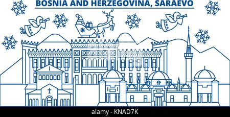 Bosnien und Herzegowina, saraevo Winter City Skyline. frohe Weihnachten, Frohes neues Jahr eingerichteten Banner mit Santa Claus. winter Gruß Line Card. Flach, umriss Vektor. Lineare Weihnachten Schnee Abbildung Stock Vektor