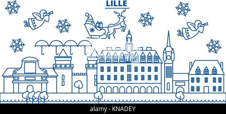 Frankreich, Lille winter City Skyline. frohe Weihnachten, Frohes neues Jahr eingerichteten Banner mit Santa Claus. winter Gruß Line Card. Flach, umriss Vektor. Lineare Weihnachten Schnee Abbildung Stock Vektor