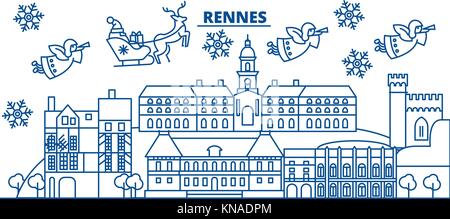 Frankreich, Rennes winter City Skyline. frohe Weihnachten, Frohes neues Jahr eingerichteten Banner mit Santa Claus. winter Gruß Line Card. Flach, umriss Vektor. Lineare Weihnachten Schnee Abbildung Stock Vektor