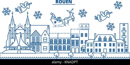 Frankreich, Rouen winter City Skyline. frohe Weihnachten, Frohes neues Jahr eingerichteten Banner mit Santa Claus. winter Gruß Line Card. Flach, umriss Vektor. Lineare Weihnachten Schnee Abbildung Stock Vektor