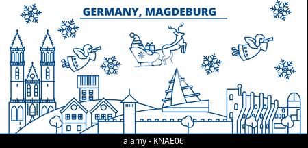 Deutschland, Magdeburg winter City Skyline. frohe Weihnachten, Frohes neues Jahr eingerichteten Banner mit Santa Claus. winter Gruß Line Card. Flach, umriss Vektor. Lineare Weihnachten Schnee Abbildung Stock Vektor