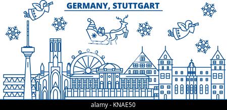 Deutschland, Stuttgart winter City Skyline. frohe Weihnachten, Frohes neues Jahr eingerichteten Banner mit Santa Claus. winter Gruß Line Card. Flach, umriss Vektor. Lineare Weihnachten Schnee Abbildung Stock Vektor